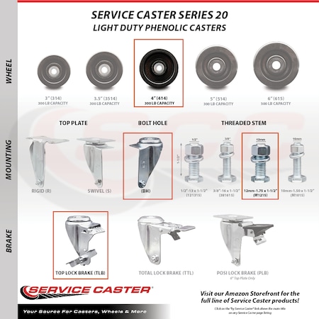 Service Caster 4 Inch SS Phenolic Wheel Swivel 12mm Threaded Stem Caster with Brake SCC SCC-SSTS20S414-PHS-TLB-M1215